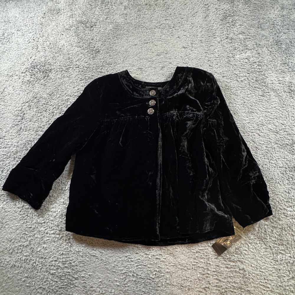 Style & Co Womens 14 Black Crushed Velvet Babydoll Jacket Decorative Button NWT